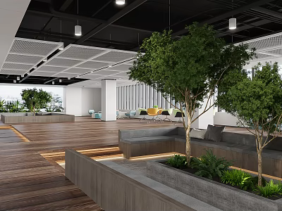 Modern Lounge Area With Comfortable Seating Lush Green Plants Pendant Lights And Wooden Flooring 3d model