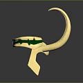 Golden Weapon Design with Curved Hooks and Green Accents on Base Stand