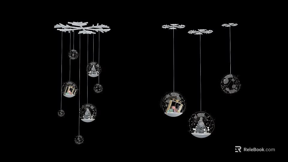Multiple Hanging Spherical Glass Pendants Featuring Snowflake And Little House Decorative Designs 3d model 
