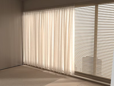 Bright Room Interior With Beige Curtains And White Blinds For Natural Light 3d model