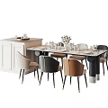 Modern Dining Table Set with Various Colored Chairs Side White Cabinet and Tabletop Decorations 3d model