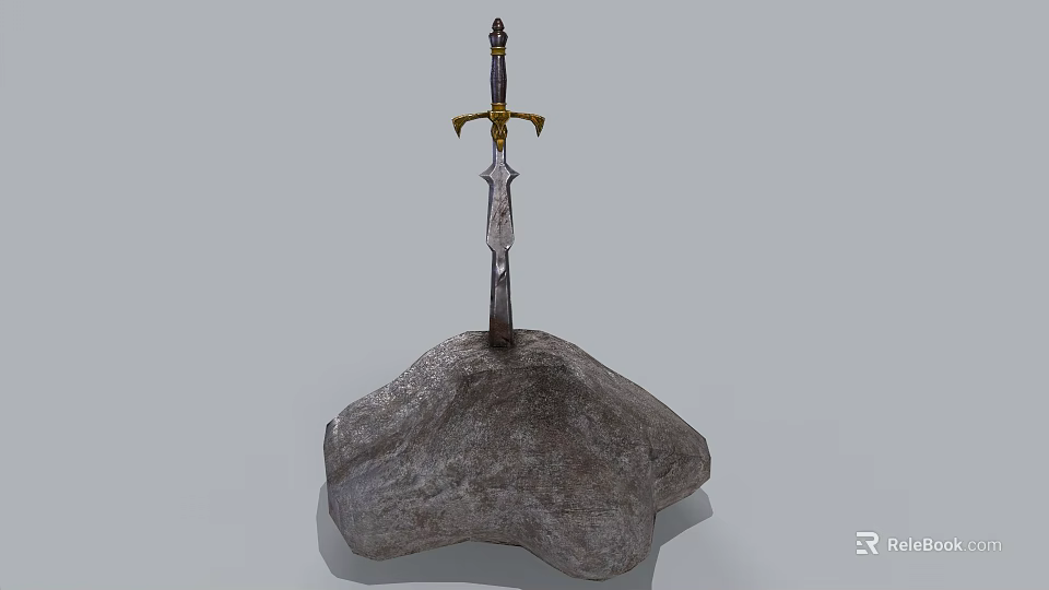Medieval Iron Sword with Ornate Golden Hilt Embedded in Large Rocky Stone 3d model 