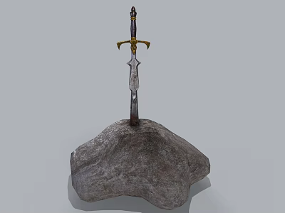 Medieval Iron Sword with Ornate Golden Hilt Embedded in Large Rocky Stone 3d model