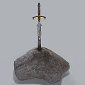 Medieval Iron Sword with Ornate Golden Hilt Embedded in Large Rocky Stone