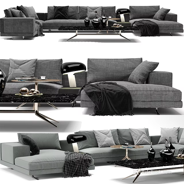 Modern Gray Two Seater Sofa With Pillows Throw Blanket And Coffee Table 3d model