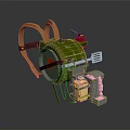 Green Equipment with Brown Shoulder Straps Red Component Yellow Container and Pink Part