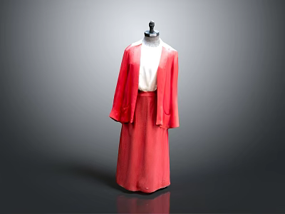 Stylish Red Cardigan And Long Skirt Outfit With White Inner Top On Black Mannequin 3d model