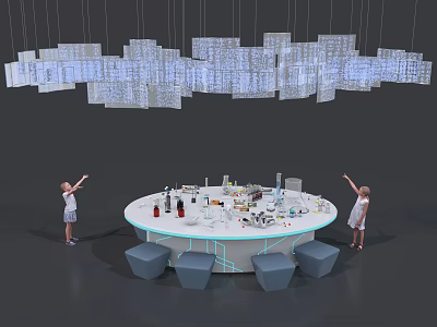 Kids Reaching Up To Hanging Square Light Fixtures Above Round Table With Items 3d model