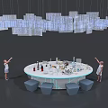 Kids Reaching Up To Hanging Square Light Fixtures Above Round Table With Items