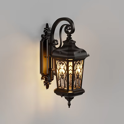 Vintage Black Metal Wall Lamp With Ornate Design And Glass Shade Emitting Warm Light 3d model