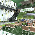 Wild Green Themed Milk Tea Shop With Open Space Tables Chairs And Fresh Plants