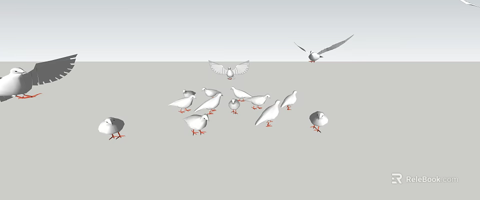 Flying Animals Pigeons Standing on Ground and Flying in Air Together 3d model 