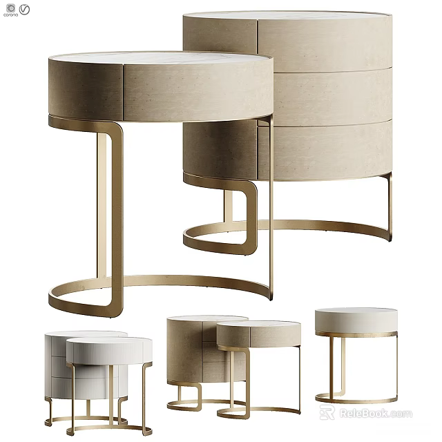 Modern Elegant Nightstand With Beige Upholstery And Gold Metal Frame Round Top Design 3d model 