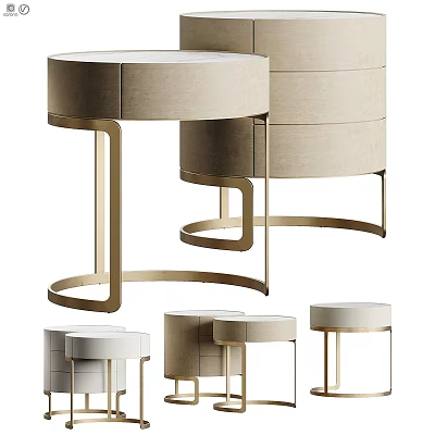 Modern Elegant Nightstand With Beige Upholstery And Gold Metal Frame Round Top Design 3d model