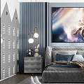 Modern Blue Children's Room Interior Design With Astronaut Mural Grey Bed And Pendant Lights