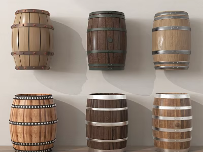 Various Stylish Wooden Barrels With Metal Hoops And Different Wood Tones 3d model