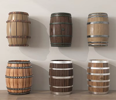 Various Stylish Wooden Barrels With Metal Hoops And Different Wood Tones 3d model