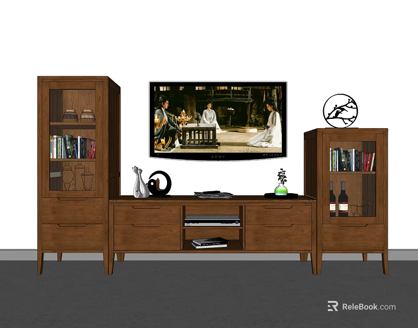 Traditional Wooden TV Stand With Glass Fronted Side Cabinets Holding Books And Decor 3d model 