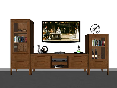 Traditional Wooden TV Stand With Glass Fronted Side Cabinets Holding Books And Decor 3d model