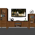 Traditional Wooden TV Stand With Glass Fronted Side Cabinets Holding Books And Decor
