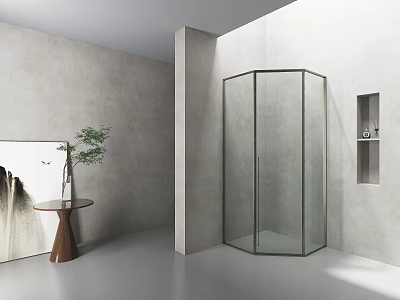 Modern Shower Head in Glass Enclosure Bathroom with Gray Walls and Green Plant 3d model