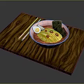 Ramen Bowl with Soft Boiled Egg Green Onions and Nori on Wooden Tray and Chopsticks