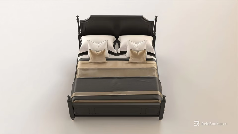 Double Bed With Black Headboard And Footboard Striped Beige Black Bedding White Pillows Beige Cushions 3d model 
