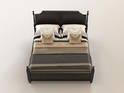 Double Bed With Black Headboard And Footboard Striped Beige Black Bedding White Pillows Beige Cushions 3d model