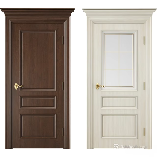 Dark Brown And White Hinged Doors With Wood Grain And Glass Panes And Golden Handles 3d model 