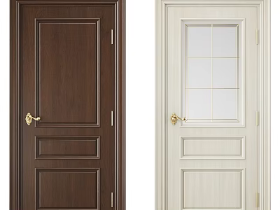 Dark Brown And White Hinged Doors With Wood Grain And Glass Panes And Golden Handles 3d model