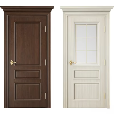 Dark Brown And White Hinged Doors With Wood Grain And Glass Panes And Golden Handles 3d model