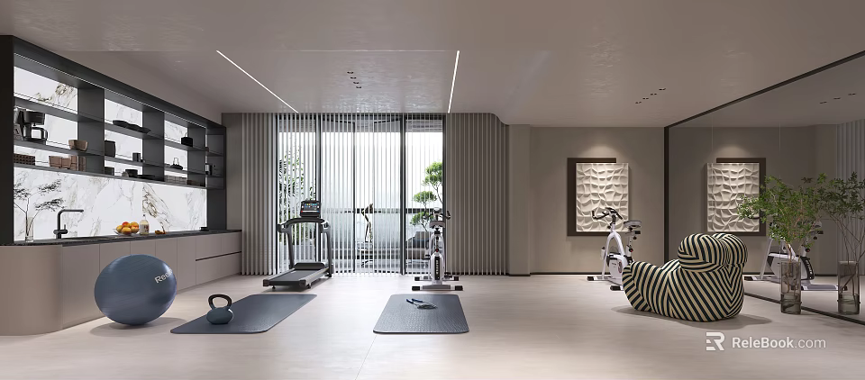 Modern Home Gym With Treadmill Exercise Bike And Yoga Mats 3d model 