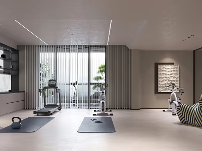 Modern Home Gym With Treadmill Exercise Bike And Yoga Mats 3d model