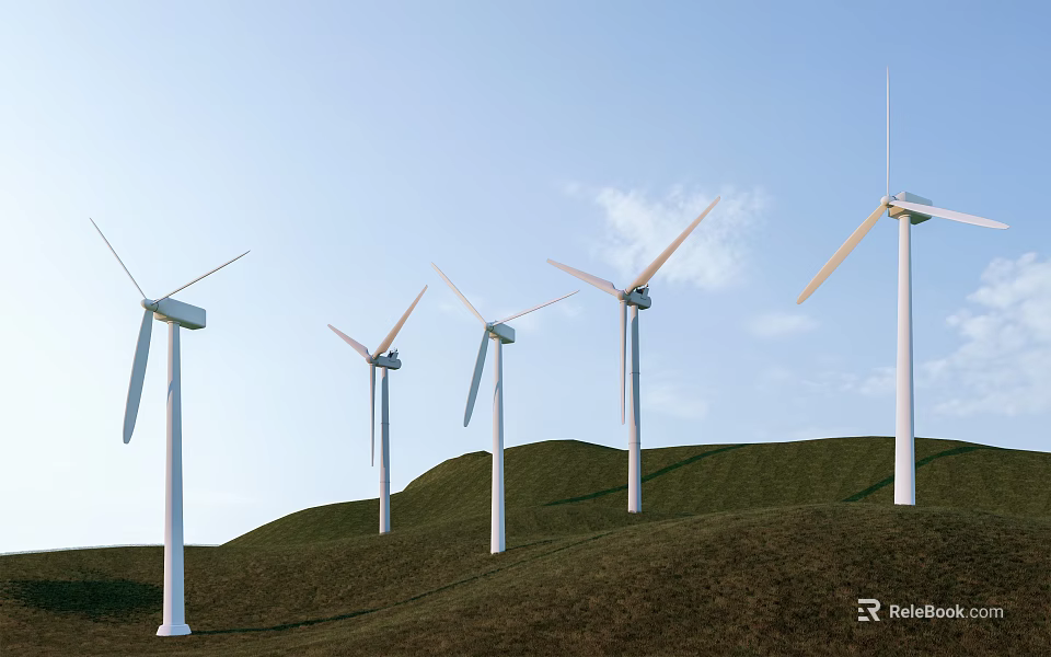 Wind Turbines on Green Hills Under Blue Sky for Renewable Energy 3d model 