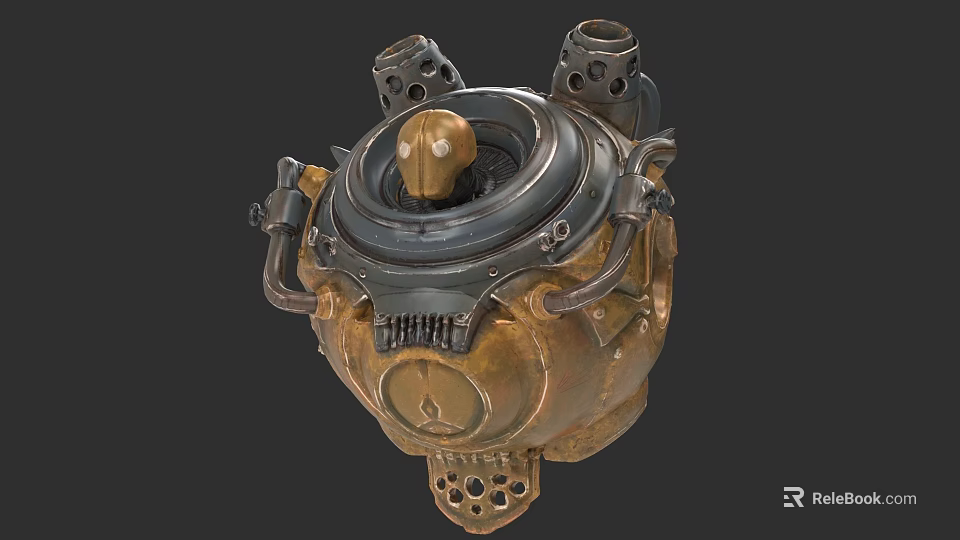 Steampunk Mechanical Helmet With Golden Skull Design For Game And Cinematic Characters 3d model 
