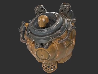Steampunk Mechanical Helmet With Golden Skull Design For Game And Cinematic Characters 3d model