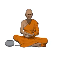 Man in orange Buddhist robe sitting cross-legged with folded hands and metal alms bowl