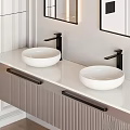 Modern Washbasin Vanity Design With Double Sink Mirror Lighting And Striped Cabinet Interior