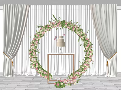 Round Wedding Wreath Decoration With Pink Flowers Greenery And Cake On Stand Against White Curtains 3d model