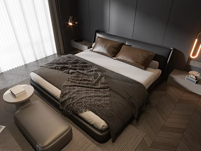 Modern Double Bed With Black Headboard Brown Pillows Gray Blanket And Wooden Floor 3d model