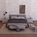 Modern Double Bed Interior With Nightstands Table Lamps Bench And Textured Wall 3d model