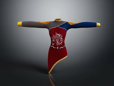 Traditional Embroidered Robe With Red Body Blue Gray Sleeves And Gold Trim 3d model
