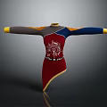 Traditional Embroidered Robe With Red Body Blue Gray Sleeves And Gold Trim