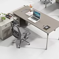 Modern Office Desk with Ergonomic Chair Laptop Tablet Books Pencil Holder and Small Plant