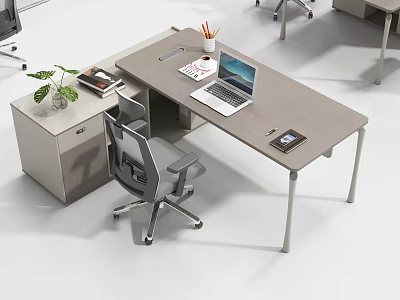 Modern Office Desk with Ergonomic Chair Laptop Tablet Books Pencil Holder and Small Plant 3d model