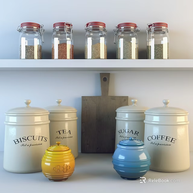 Glass Spice Jars with Various Spices on White Kitchen Shelf and Storage Containers 3d model 