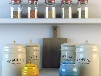 Glass Spice Jars with Various Spices on White Kitchen Shelf and Storage Containers 3d model