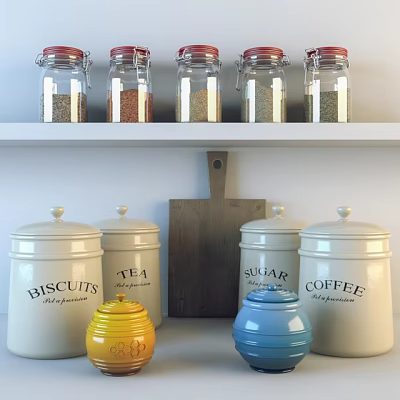 Glass Spice Jars with Various Spices on White Kitchen Shelf and Storage Containers 3d model