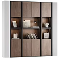 Modern Wooden Bookcase With Layered Shelves Books And Decorative Sculptures