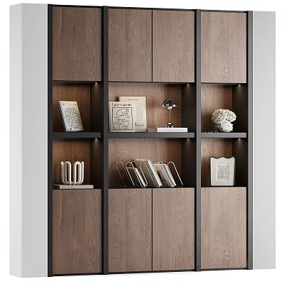 Modern Wooden Bookcase With Layered Shelves Books And Decorative Sculptures 3d model
